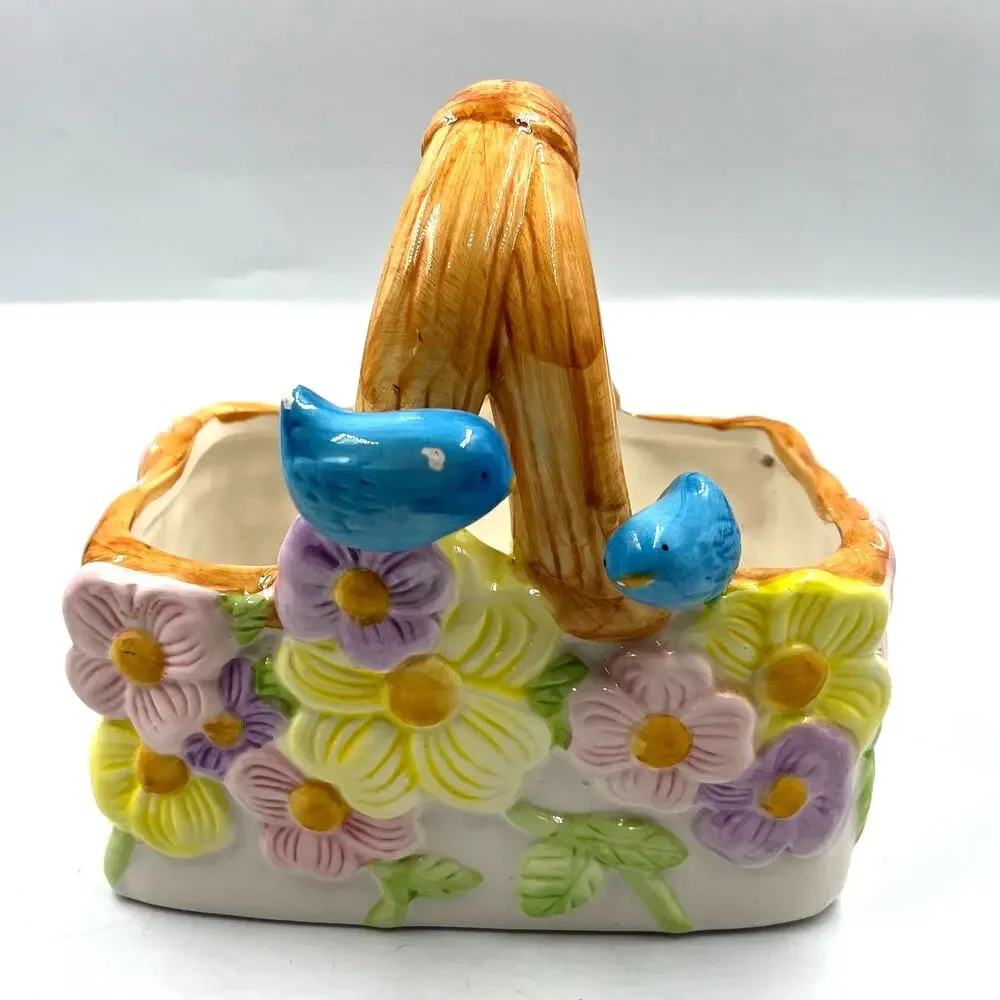 Vintage Glazed Ceramic Decorative Florist Basket Floral Blue Bird Pair